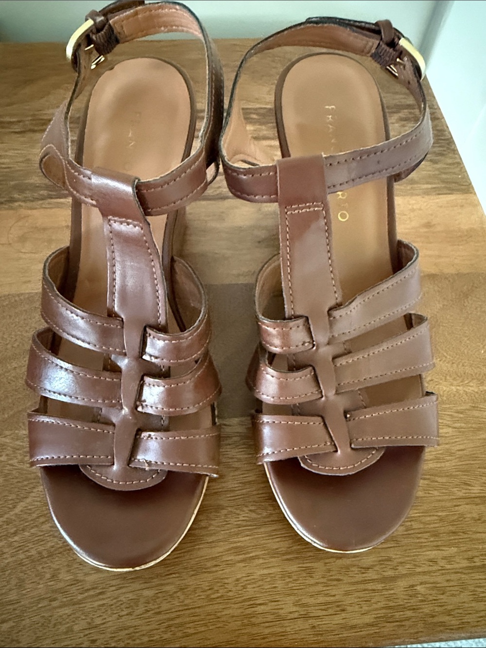 Franco Sarto Brown Strappy T‑Bar Sandals